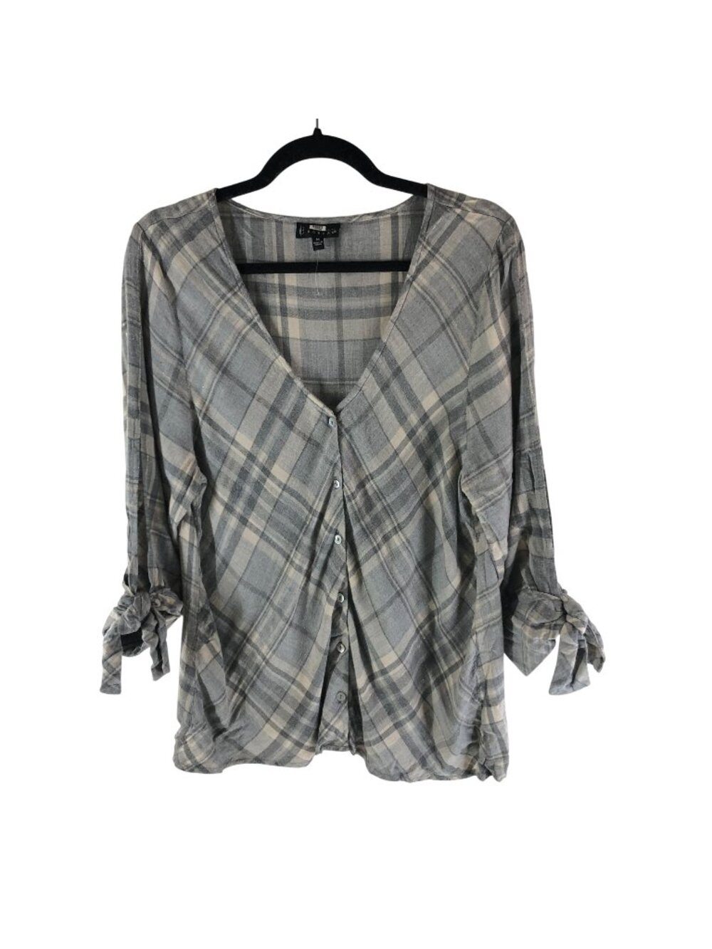 Bobeau Womens Gray Plaid Button-Down Blouse With Tie Sleeves Size M